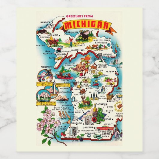 Kleurrijke  Michigan Kaart Briefkaart Wijn Etiket (Enkel label)