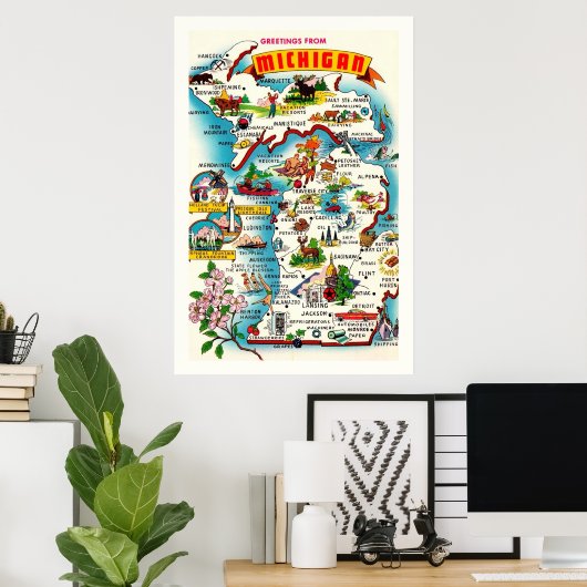 Kleurrijke  Michigan Kaart Poster Print (Thuiskantoor)
