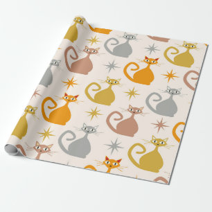 Kleurrijke mid-century atoomkatten met sterrenexpl cadeaupapier