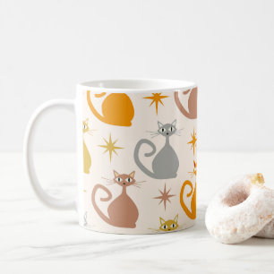 Kleurrijke mid-century atoomkatten met stervuur koffiemok