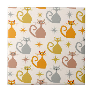 Kleurrijke Midden-Eeuw Atoomkatten met Starbursts Tegeltje