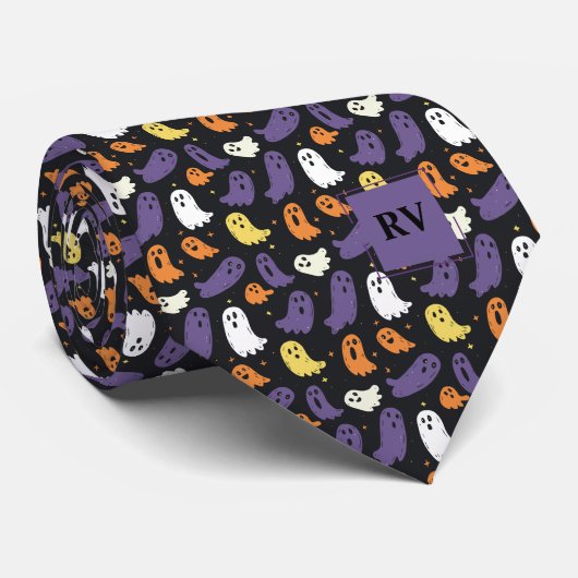 Kleurrijke Mini Halloween Ghosts Monogrammed Stropdas (Opgerold)