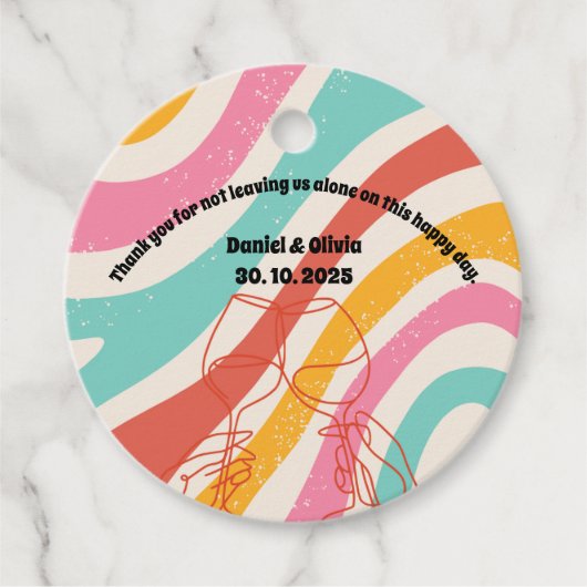 Kleurrijke minimalistische bruiloft bedankjes labels (Voorkant)