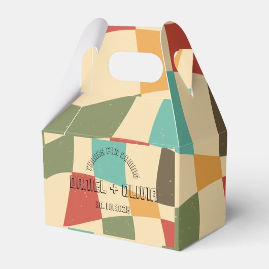 Kleurrijke minimalistische bruiloft gunst dozen bedankdoosjes (Voorkant Zijde)