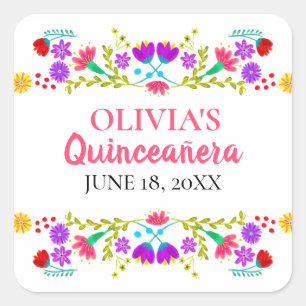 Kleurrijke Mis Quince Anos Mexicaans Feest Bloemen Vierkante Sticker