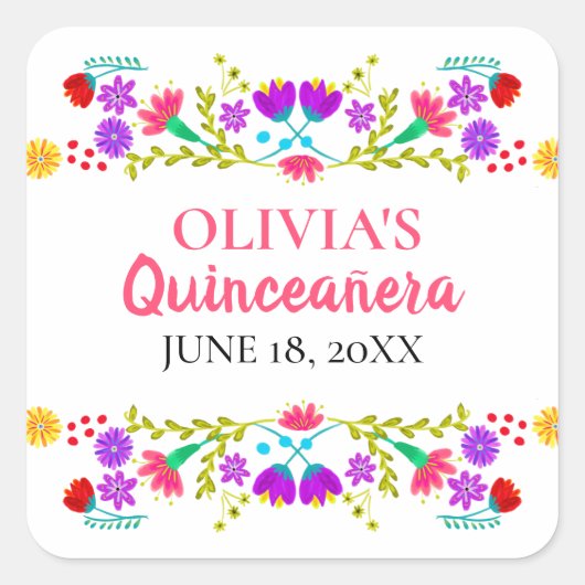 Kleurrijke Mis Quince Anos Mexicaanse Fiesta Bloem Vierkante Sticker (Voorkant)