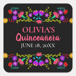 Kleurrijke Mis Quince Anos Mexicaanse Fiesta Bloem Vierkante Sticker