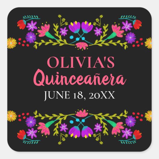 Kleurrijke Mis Quince Anos Mexicaanse Fiesta Bloem Vierkante Sticker (Voorkant)