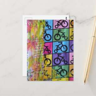 Kleurrijke mixed media collage van fietsen briefkaart