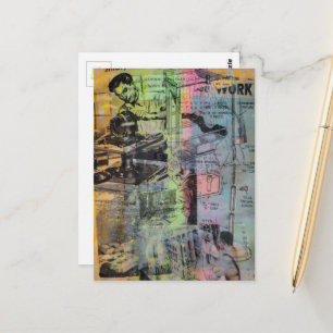 Kleurrijke Mixed Media Retro Houtbewerking Mannen  Briefkaart