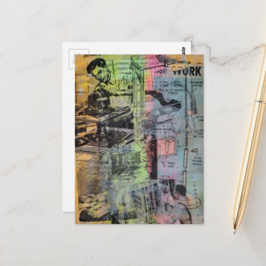 Kleurrijke Mixed Media Retro Houtbewerking Mannen Briefkaart (Voorkant / Achterkant in situ)