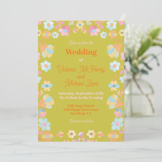 Kleurrijke mod borduurwerk bruiloft kaart (Staand voorkant)