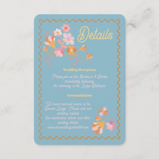 Kleurrijke mod borduurwerk Details Informatie Kaar Informatiekaartje (Voorkant)