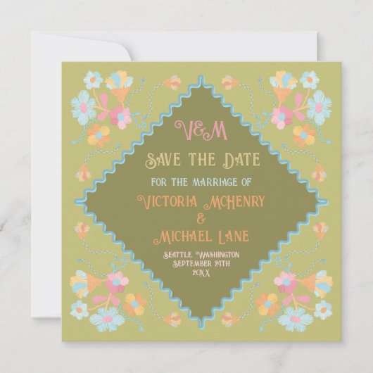 Kleurrijke Mod Borduurwerk Save the Date Kaart (Voorkant)