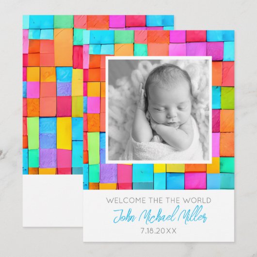 Kleurrijke Modern Art Foto Baby Aankondiging (Voorkant / Achterkant)