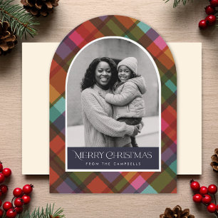 Kleurrijke Modern Plaid Kerstfoto Vakantie Kaart