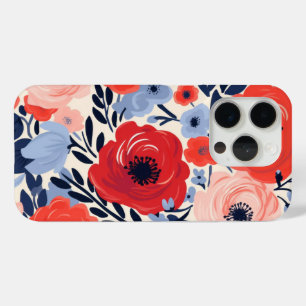 Kleurrijke Modern Rood Wit Blauw Waterverf Bloemen iPhone 15 Pro Case