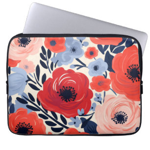 Kleurrijke Modern Rood Wit Blauw Waterverf Bloemen Laptop Sleeve
