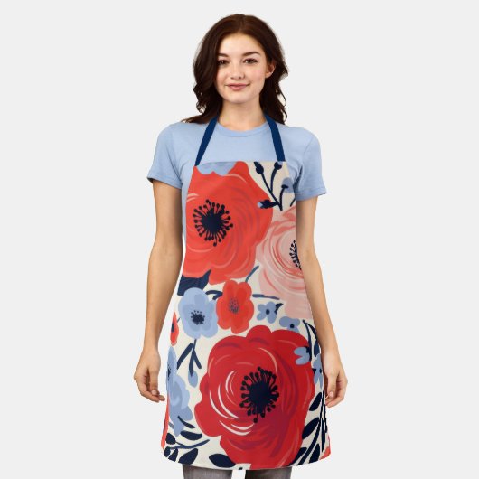 Kleurrijke Modern Rood Wit Blauw Waterverf Bloemen Schort (Gedragen)