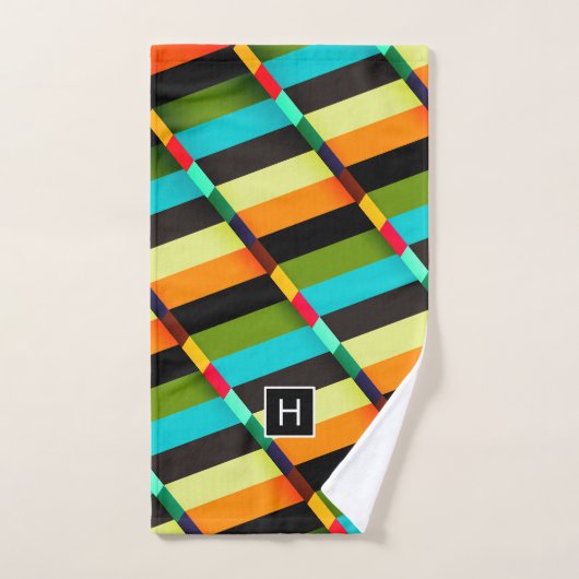 Kleurrijke Moderne Abstracte Strepen & Monogram Bad Handdoek (Handdoek)