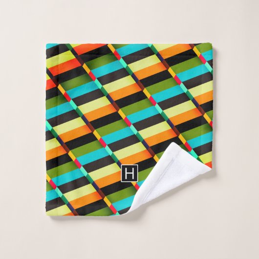 Kleurrijke Moderne Abstracte Strepen & Monogram Bad Handdoek (Wasdoekje)