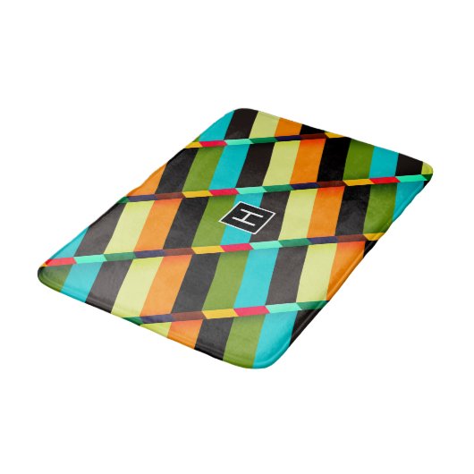 Kleurrijke Moderne Abstracte Strepen & Monogram Badmat (Gekanteld)