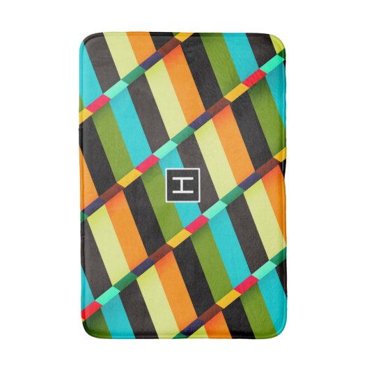 Kleurrijke Moderne Abstracte Strepen & Monogram Badmat (Voorkant Verticaal)