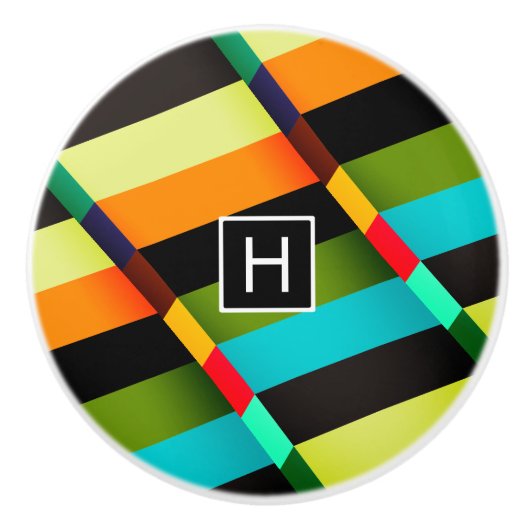 Kleurrijke Moderne Abstracte Strepen & Monogram Keramische Knop (Voorkant)