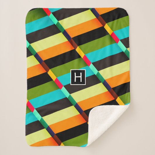 Kleurrijke Moderne Abstracte Strepen & Monogram Sherpa Deken (Voorkant)