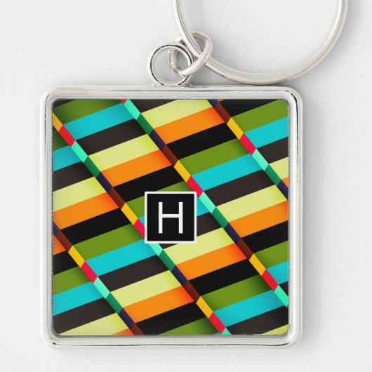 Kleurrijke Moderne Abstracte Strepen & Monogram Sleutelhanger (Voorkant)