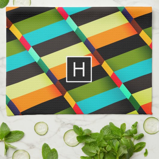 Kleurrijke Moderne Abstracte Strepen & Monogram Theedoek (Gevouwen)