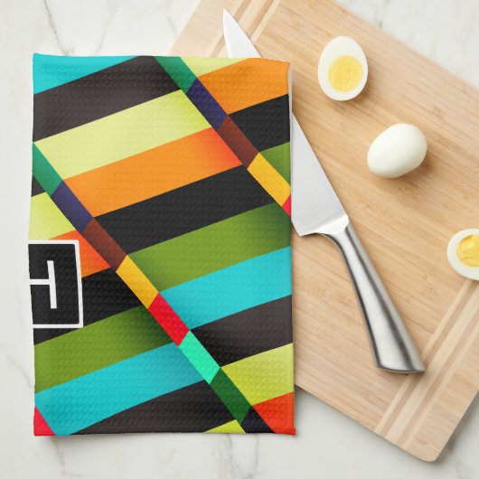 Kleurrijke Moderne Abstracte Strepen & Monogram Theedoek (Quarter Fold)