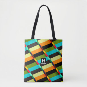 Kleurrijke Moderne Abstracte Strepen & Monogram Tote Bag