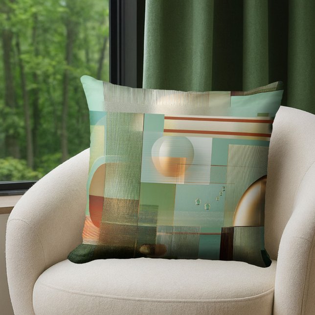 Kleurrijke moderne abstracte turquoise goud kussen (Pillow featuring a modern Bauhaus style abstract design in green, teal and gold.)