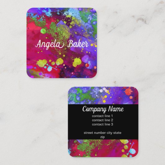 Kleurrijke moderne abstracte waterverf spat vet vierkante visitekaartje (Voorkant / Achterkant)