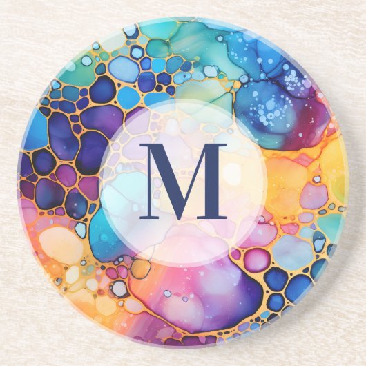 Kleurrijke moderne alcoholinkt waterverven monogra zandsteen onderzetter (Voorkant)
