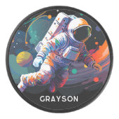 Kleurrijke moderne astronaut ruimte gepersonalisee hockey puck (Voorkant)
