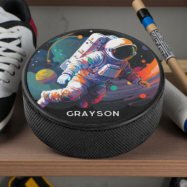 Kleurrijke moderne astronaut ruimte gepersonalisee hockey puck