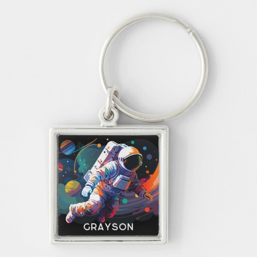 Kleurrijke moderne astronaut ruimte gepersonalisee sleutelhanger (Voorkant)