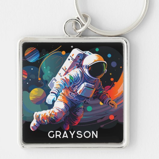 Kleurrijke moderne astronaut ruimte gepersonalisee sleutelhanger (Voorkant)