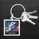 Kleurrijke moderne astronaut ruimte gepersonalisee sleutelhanger<br><div class="desc">Kleurrijke Modern Astronaut Space Personalized Name Sleutelhanger heeft een astronaut die door de ruimte zweeft met kleurrijke planeten en wensen en is gepersonaliseerd met jouw naam in een moderne scripttypografie. Perfect als cadeau voor ruimteliefhebbers, familie en vrienden voor verjaardagsfeestjes, kerstdagen, feestdagen, Vaderdag, broertje, echtgenoot, partner, beste vrienden, collega's op het...</div>