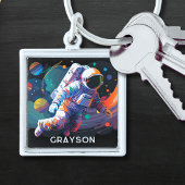 Kleurrijke moderne astronaut ruimte gepersonalisee sleutelhanger