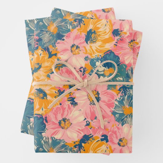 Kleurrijke moderne bloemen bloemenpatroon inpakpapier vel (In situ)