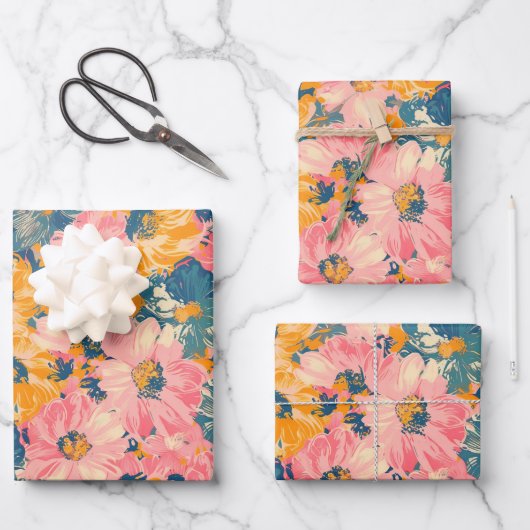 Kleurrijke moderne bloemen bloemenpatroon inpakpapier vel (Voorkant)