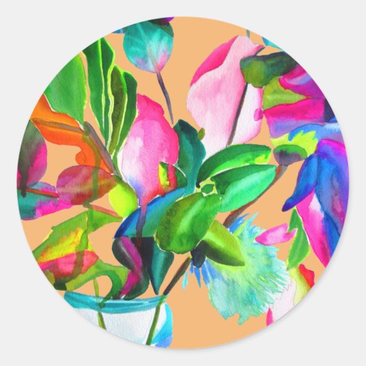 Kleurrijke moderne bloemen bruiloft boho ronde sticker (Voorkant)