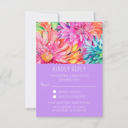 Kleurrijke Moderne Bloemen Bruiloft Maaltijd Keuze RSVP Kaartje (Voorkant)