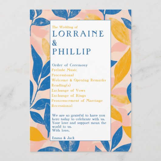 Kleurrijke Moderne Botanische blauwe gele bruiloft Programmakaart (Voorkant)
