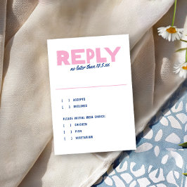 Kleurrijke moderne bruiloft in blauw en roze RSVP kaartje