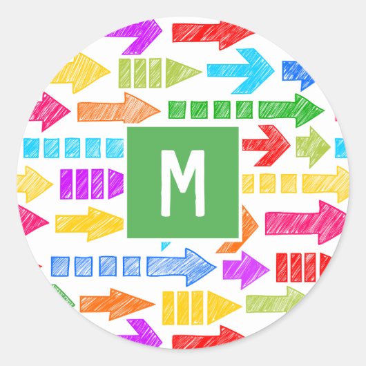 Kleurrijke moderne geometrische pijlpatroonmonogra ronde sticker (Voorkant)