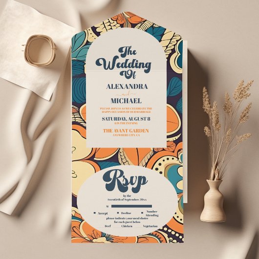 Kleurrijke Moderne Groovy Retro 70s Bloemen Bruilo All In One Uitnodiging